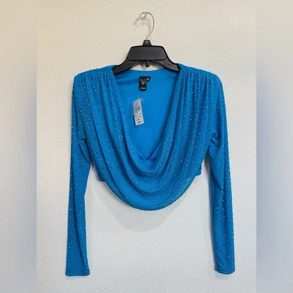 Cowl Mesh rop Top Vibrant Blue Beaded Blouse - Picture 3 of 7